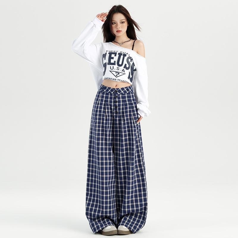 パンツ レディース ハイウエスト ブルーチェック柄 切り替え ワイドシルエット カジュアル ゆったり ドレープ感 ストレッチ 飾りボタン付き ロング丈 秋冬 通勤 部屋着