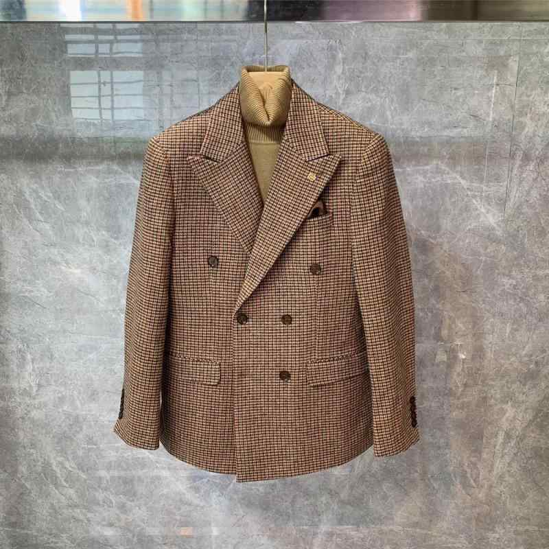スーツ メンズ 秋冬 厚手 スリム ダブルボタン ウール メルトン チェック柄 韓国風 ブリティッシュ ジャケット ビジネス オフィス 通勤 セットアップ トレンド カジュアル