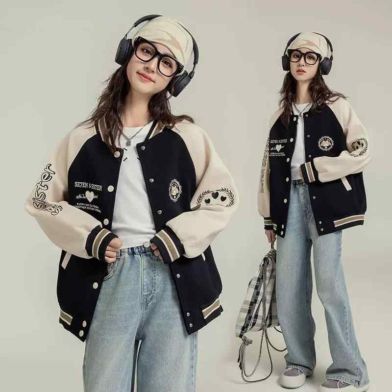 ジャケット キッズ 女の子 ジュニア 長袖 ノーカラー ボタン スタジャン ブルゾン 春秋 カジュアル スポーツ 韓国風 レター柄 ポリエステル ブラック