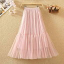スカート レディース ハイウエスト 細見え スタイルアップ チュール ティアード Aライン フレア ミディ丈 無地 エレガント カジュアル フリーサイズ