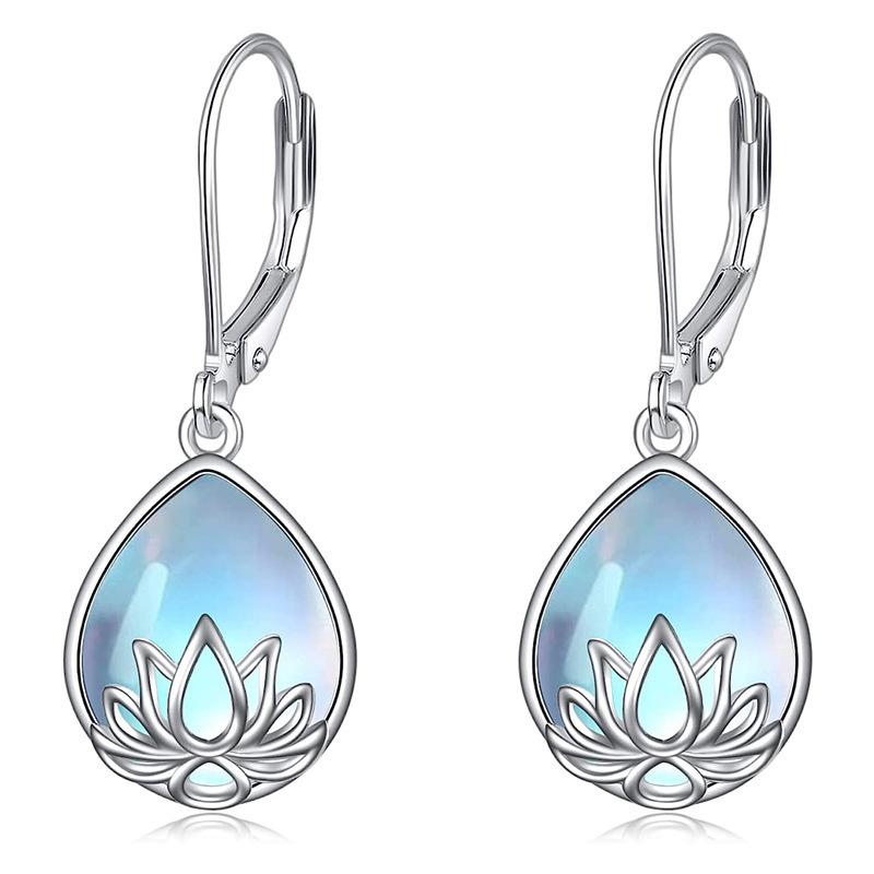 Other - ピアス イヤリング レディース 女性用 ムーンストーン風 蓮の花 水滴 ドロップ 幾何学デザイン リング型 電気メッキ加工 銅製 田園風 ナチュラル スウィート おしゃれ デイリーユース スカイブルー ゴールド