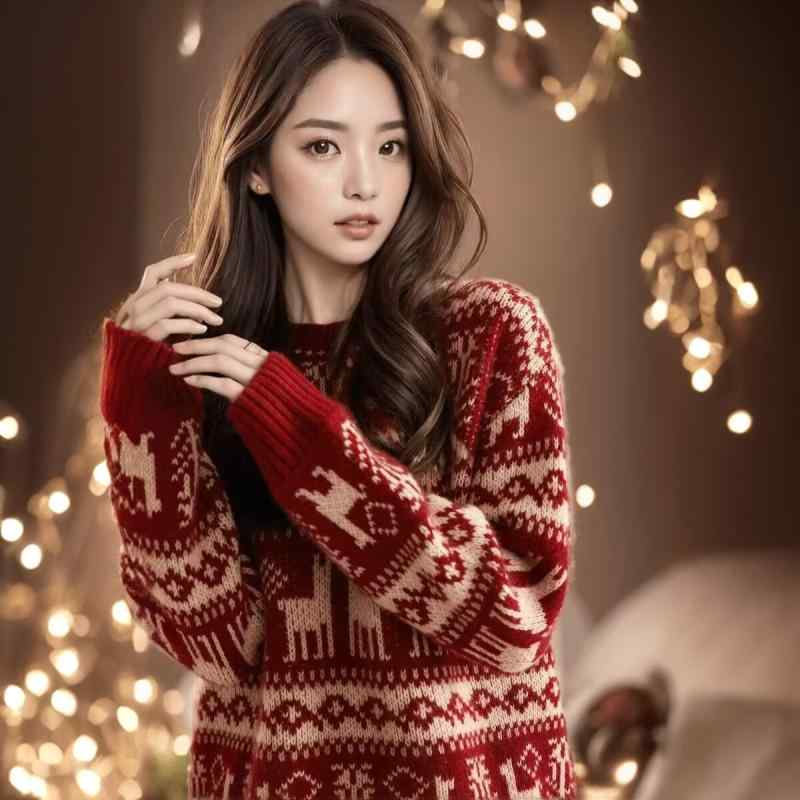 ニット レディース 厚手 ゆったり 秋冬 レッド 赤色 クリスマス 新年 オフィス 通勤 きれいめ プルオーバー クルーネック 長袖 切り替え 高級感 インナー トップス