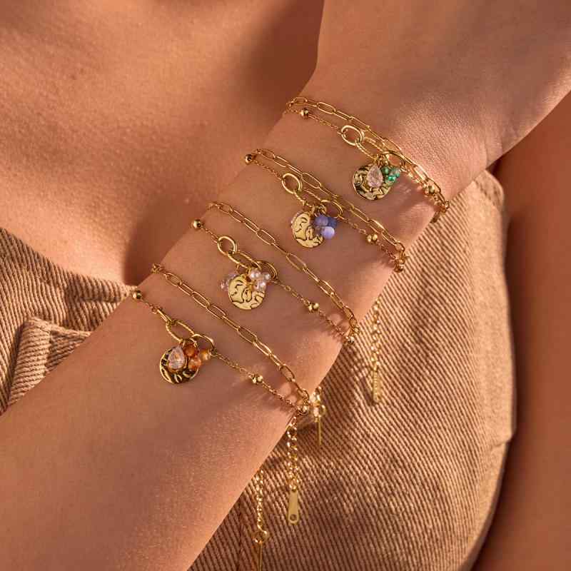 Jade - ブレスレット レディース 女性用 秋冬 上品 高級感 ステンレス 18K 電気メッキ加工 ドロップ ジルコニア パール チャーム サークルプレート ファッション オフィスカジュアル 通勤 アクセサリー