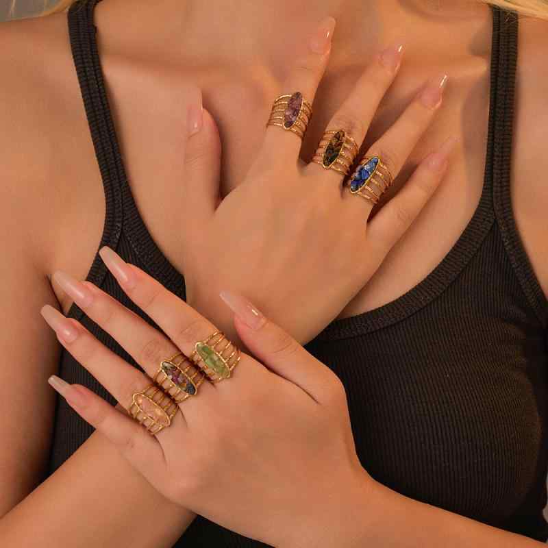 リング レディース 女性用 18金メッキ 高級感 ステンレス製 オープンリング フリーサイズ ラインデザイン 天然石 エレガント 曲線 通勤 オフィス カジュアル 多色展開 指輪