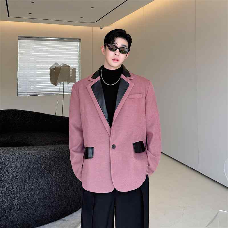 テーラードジャケット メンズ デザイン性 レザー 異素材切り替え パッチワーク 秋冬 レトロ 高級感 ルーズフィット イージーケア シングルブレスト 一つボタン バーガンディ