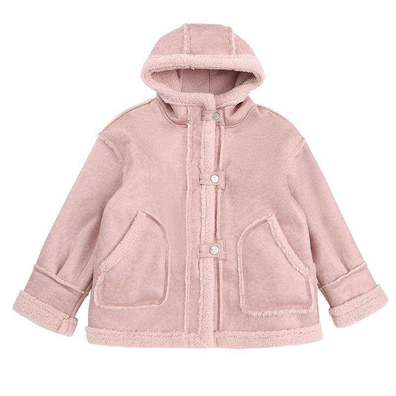 ジャケット ガールズ ジュニア 裏起毛 厚手 防寒 保温 フード付き フェイクスエード 韓国風 着回し カジュアル ショート丈 冬物 レザーピンク カーキ