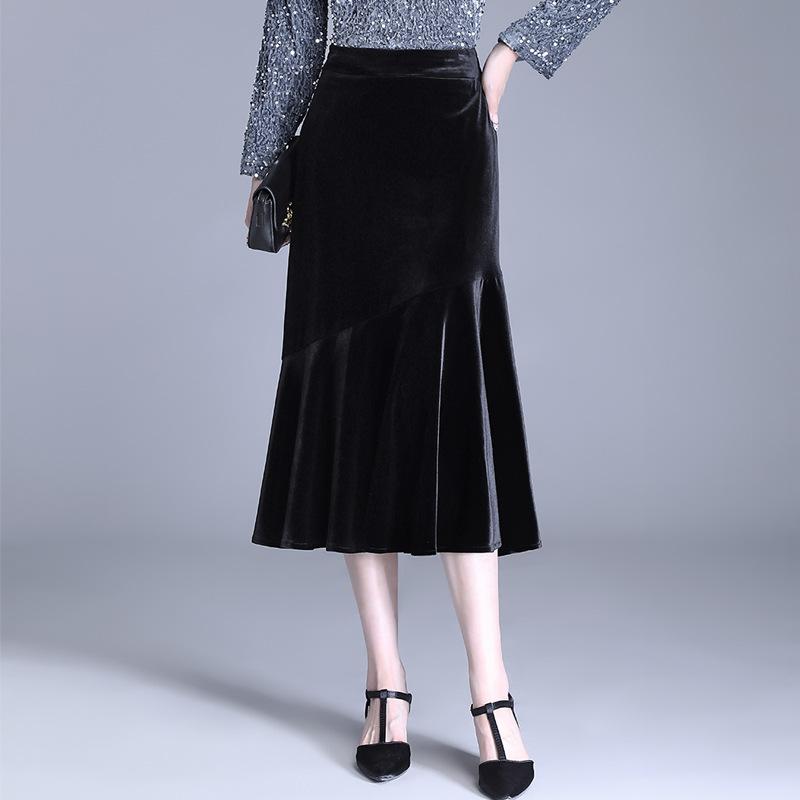 スカート レディース ベロア マーメイド ロング丈 ハイウエスト スリムフィット 着痩せ 細見え エレガント 上品 通勤 オフィス タイト ポリエステル 切り替え