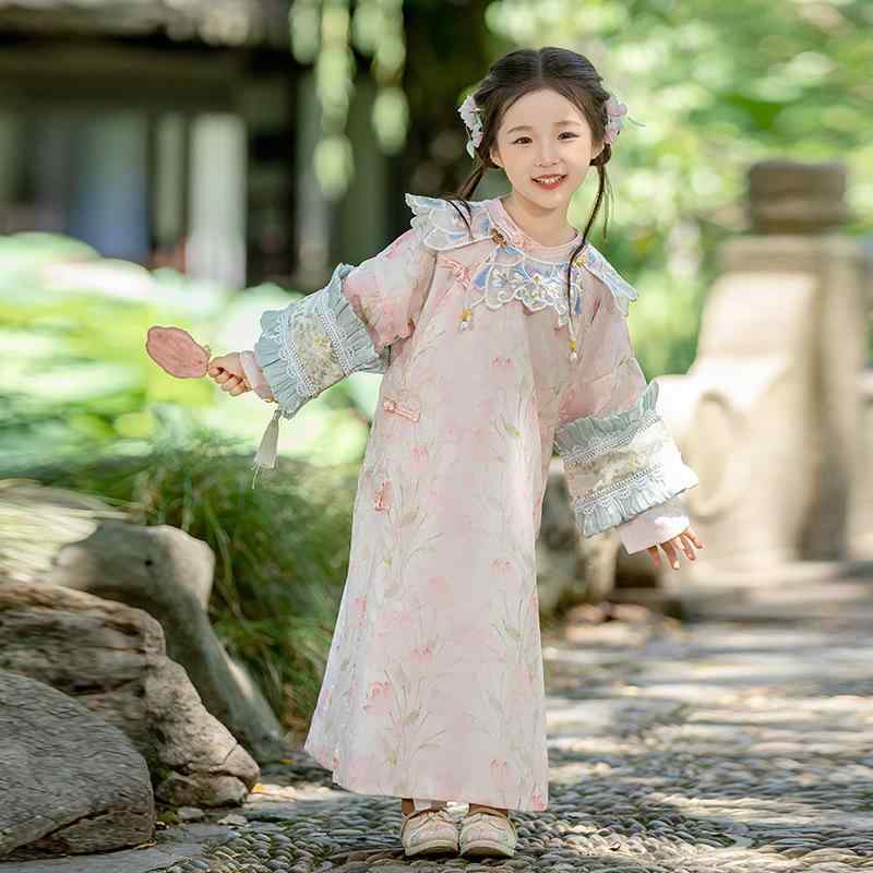 チャイナドレス キッズ 女の子 子供 春秋冬 コットン裏地 柔らかい 綿素材 セットアップ 中国風 中華風 漢服 清朝 格格服 コスチューム 発表会 舞台衣装 イベント パーティー