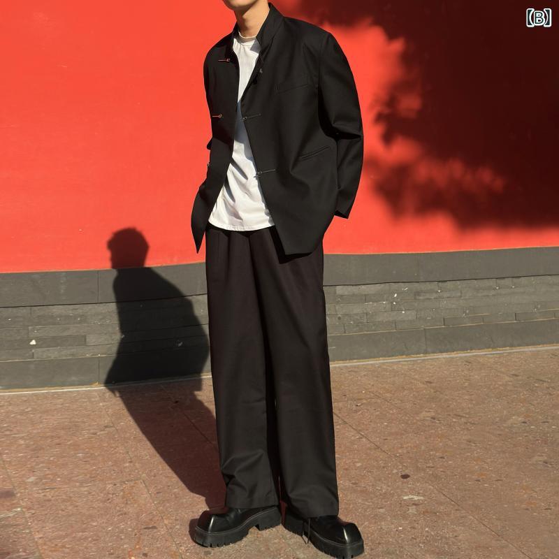 スーツ メンズ 新中国風 中山服 スタンドカラージャケット セットアップ 高級感 礼服 結婚式 披露宴 フォーマル 秋冬 ゆったり スラックス 3つボタン