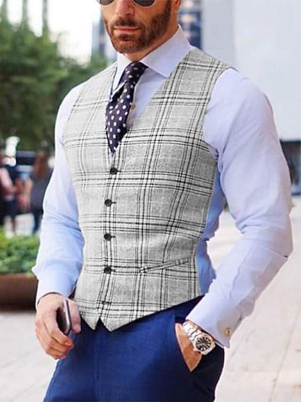 ベスト メンズ 保温性 通気性 ウォッシャブル スリムフィット Vネック シングルボタン グレンチェック柄 グレー ビジネス フォーマル 結婚式 披露宴 オフィス 通勤 デイリー カジュアル 綿混 春秋冬