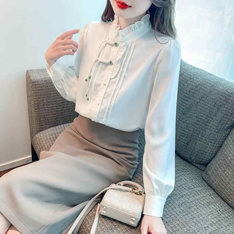 楽天セキュアデポブラウス レディース 新チャイナ風 スタンドカラー チャイナボタン シフォン 切り替え プルオーバー 長袖 エレガント 若見え 着回し 通勤用 ポリエステル レギュラーフィット ベージュ