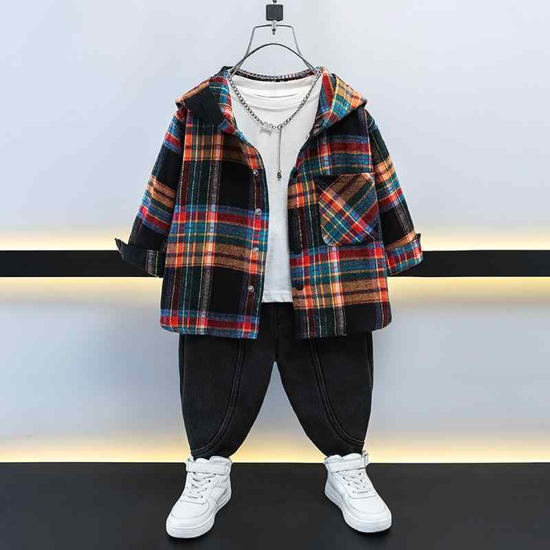シャツジャケット 男の子 キッズ フード付き 長袖 ソフトタッチ コットン 綿 チェック柄 シングルボタン 前開き 春秋 おしゃれ 韓国風 通園 通学 子供服