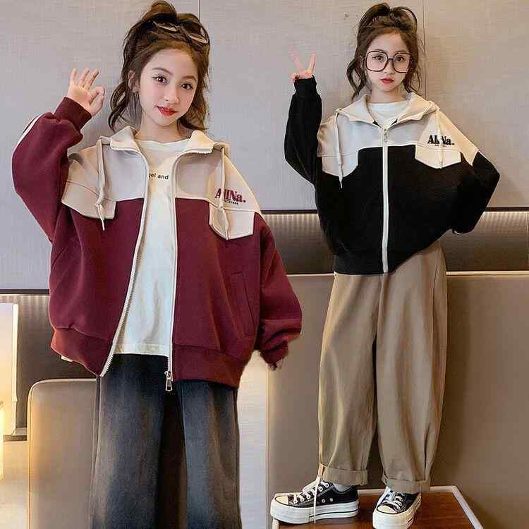 ジャケット 女の子 ジュニア 切り替え フード付き スタジャン ジップアップ スウェット ポリエステルの長袖 春秋アウター 韓流カジュアル スポーティ おしゃれ 赤 黒
