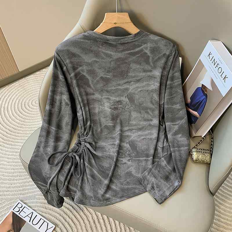 楽天セキュアデポカットソー レディース デザイン タイダイ アシンメトリー 切り替え ラウンドネック エレガント 細見え おしゃれ 長袖 プルオーバー 秋冬 通勤 オフィスカジュアル