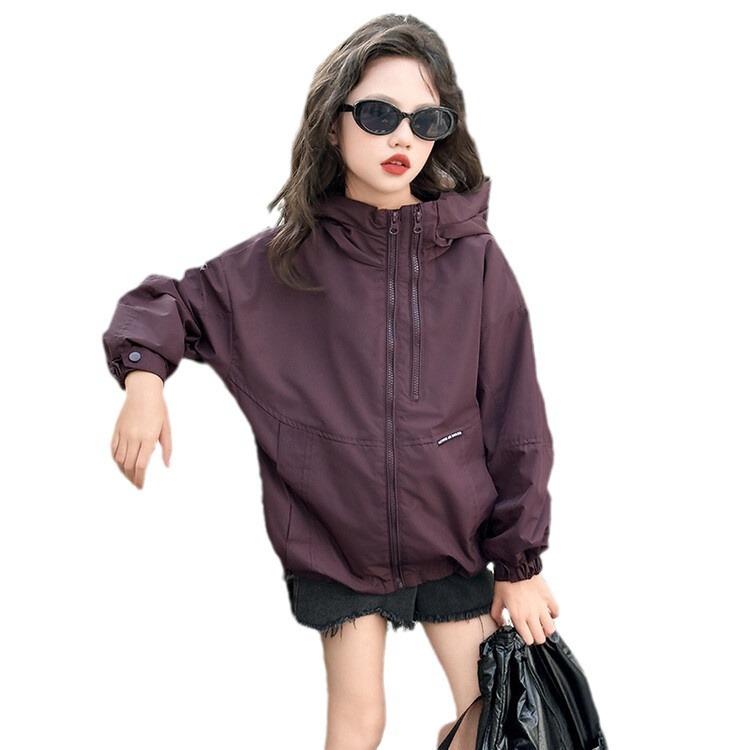 ジャケット キッズ 女の子 春秋 カジュアル 韓国風 フード付き 長袖 ジップアップ 無地 ショート丈 ジュニア向け 柔らか素材 ポリエステル裏地