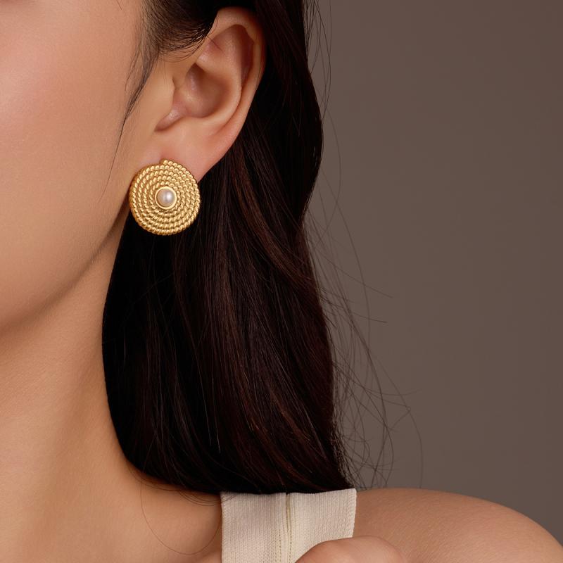 ピアス レディース フレンチレトロ 円形テクスチャー パール 高級感 ステンレス製 電気メッキ加工 スタ..