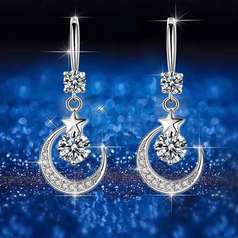 Cubic Zirconia - ピアス レディース 揺れる ドロップ 星 月モチーフ しずく型 ジルコニア 輝く おしゃれ 合金製 電気メッキ加工 上品 エレガント フェミニン かわいい デート プレゼント ピンク ブルー ホワイト