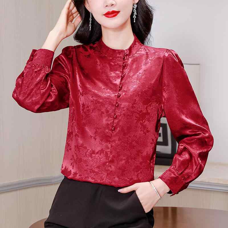シャツ レディース チャイナ風 プルオーバー 長袖 スタンドカラー サテン ジャガード織り レッド 赤色 秋冬 エレガント 上品 若見え 切り替え プリント柄 着回し 通勤 オフィス