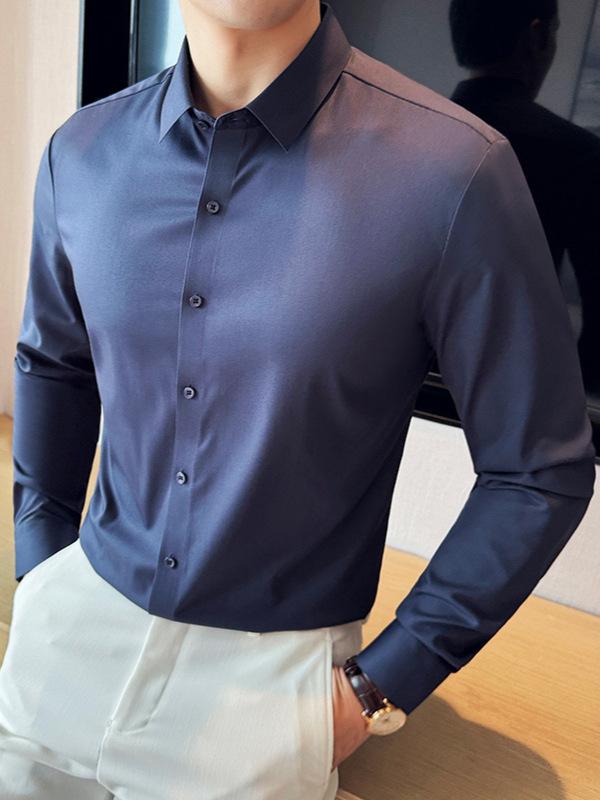 Yシャツ メンズ 男性用 ノンアイロン 形態安定 ストレッチ 伸縮性 シームレス 無痕 上品 高級感 無地 スリム 細身 長袖 オールシーズン..