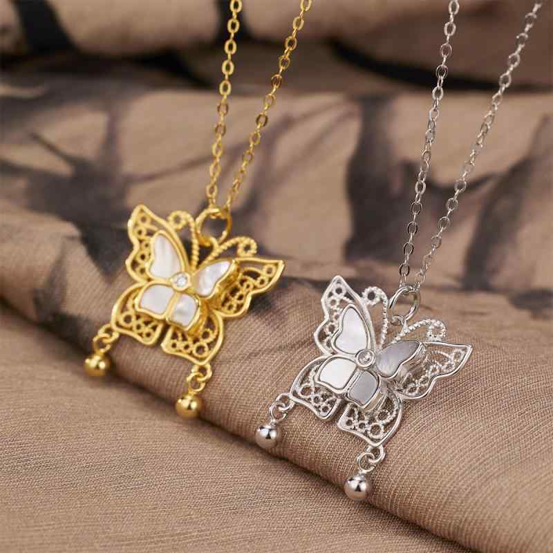 ネックレス レディース 女性用 S925シルバー 天然シェル 蝶々モチーフ シンプル おしゃれ 高級感 鎖骨ネックレス オフィス カジュアル 通勤用 ゴールド シルバー 春夏