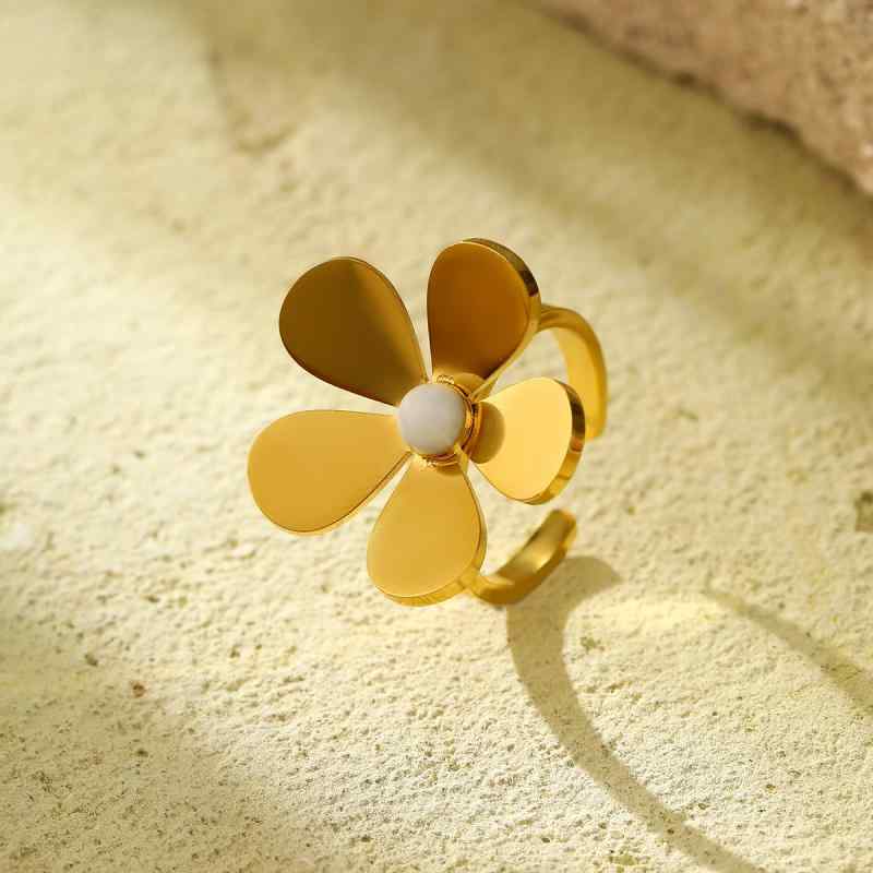 指輪 レディース 海外トレンド SNS インフルエンサー 18Kゴールド ステンレス製 電気メッキ加工 花びらモチーフ 天然石 デザインリング 通勤 オフィス カジュアル 万能