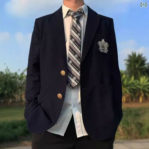 ブレザー メンズ レディース 形態安定 しわになりにくい オリジナル JK制服風 学院風デザイン テーラードカラー ゆったりシルエット 小柄向け 黒 無地 ブラック ポリエステル素材 エンブレム付き 春秋 カジュアル 通学