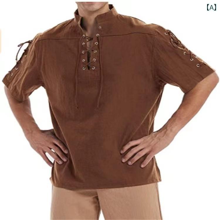 Tシャツ メンズ 男性用 麻 通気速乾 スタンドカラー 半袖 海賊 バイキング スチームパンク レトロ ルネッサンス ゴシック ポロシャツ カジュアル 春夏秋
