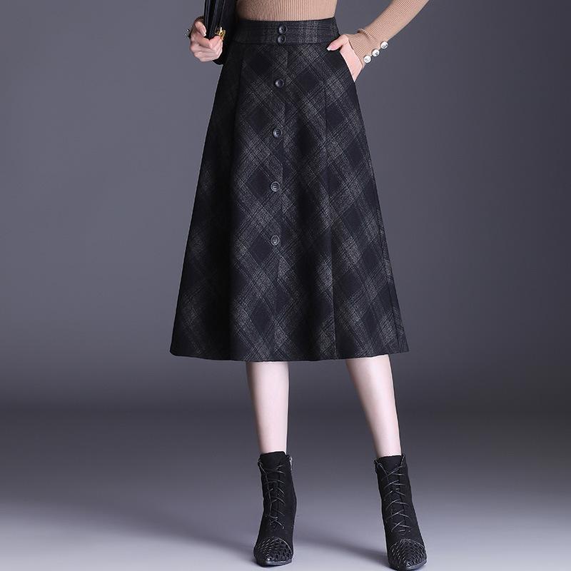 スカート レディース 秋冬 ウール調 厚手 チェック柄 Aライン ミモレ丈 体型カバー 切り替えデザイン 上品 きれいめ オフィス 通勤 オフィスカジュアル エレガント セミフレアスカート