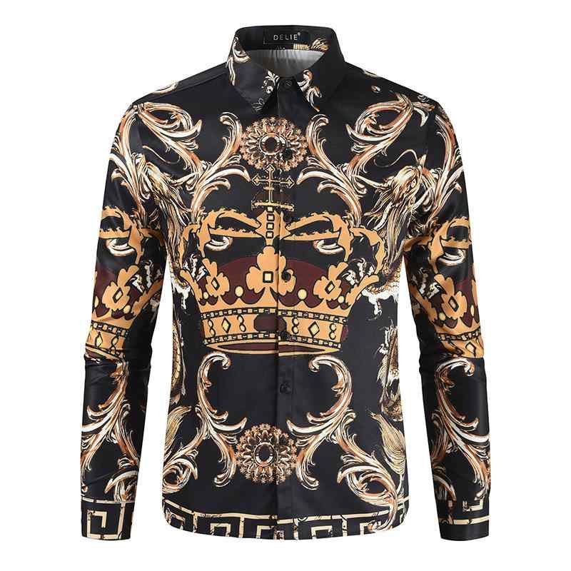 シャツ メンズ 形態安定 ウォッシャブル 王冠 3Dプリント リネン 麻 長袖 ゆったり 秋 カジュアル トレンド スクエアカラー