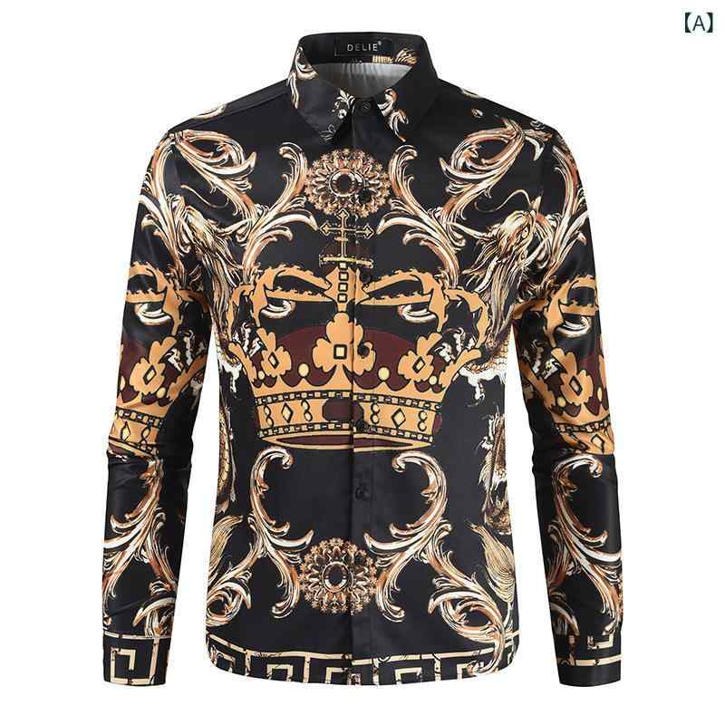 シャツ メンズ 形態安定 ウォッシャブル 王冠 3Dプリント リネン 麻 長袖 ゆったり 秋 カジュアル トレンド スクエアカラー