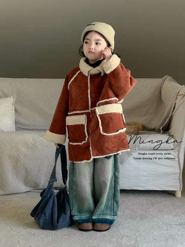 キッズ コート 男の子 女の子 厚手 裏ボア 暖かい 通学 秋冬 韓国風 オルチャンスタイル ミドル丈 シングルボタン 無地 ブラウン アウター