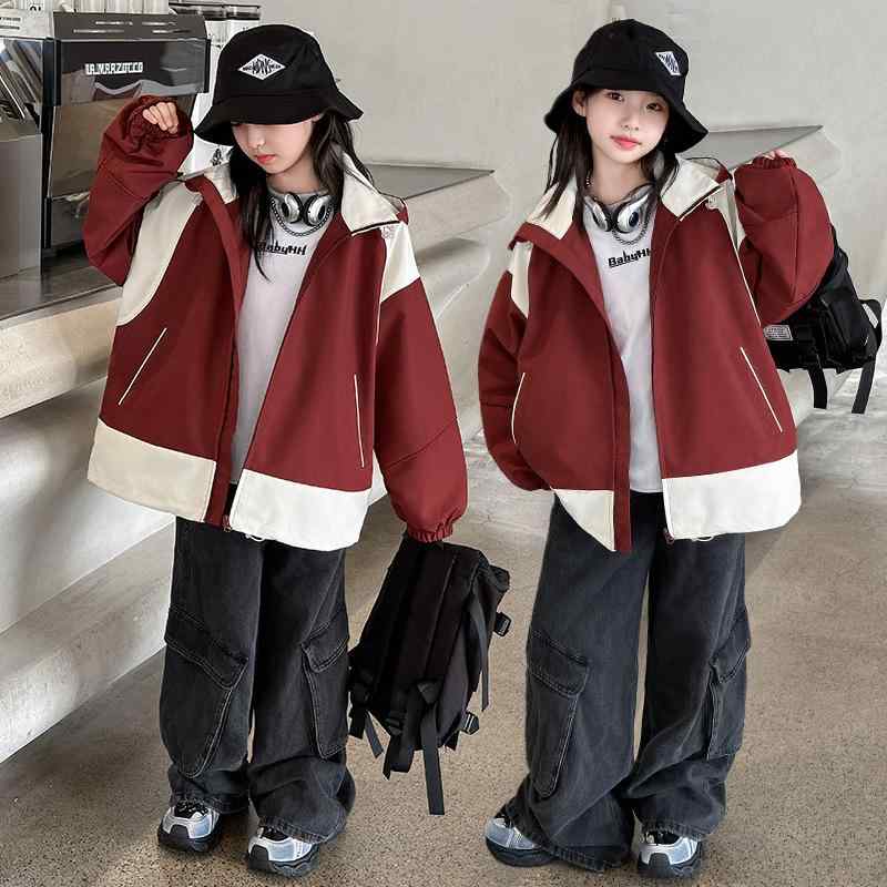 ジャケット キッズ 女の子 ジュニア 春秋 フード付き 襟付き ウィンドブレーカー マウンテンパーカー ジップアップ ショート丈 コットン 裏地綿 柔らかい カ...