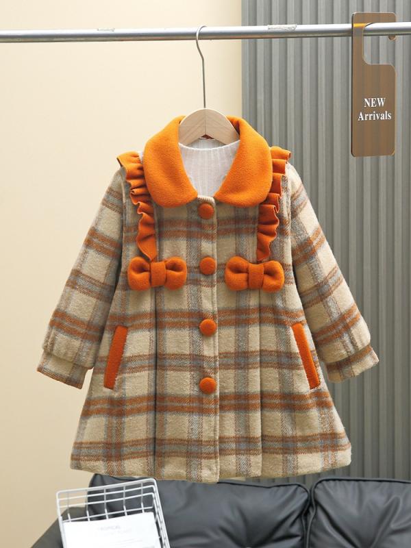 ウールコート キッズ 女の子 チェック柄 中綿入り 厚手 あったか 防寒 秋冬 韓国風 かわいい ミドル丈 角襟 シングルボタン 長袖 オレンジ