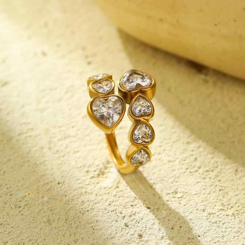 リング レディース ジルコニア ダブルハート クロス オープンリング ステンレス フリーサイズ 電気メッキ 上品 エレガント 高見え 大人可愛い オフィス カジュアル プレゼント(4)