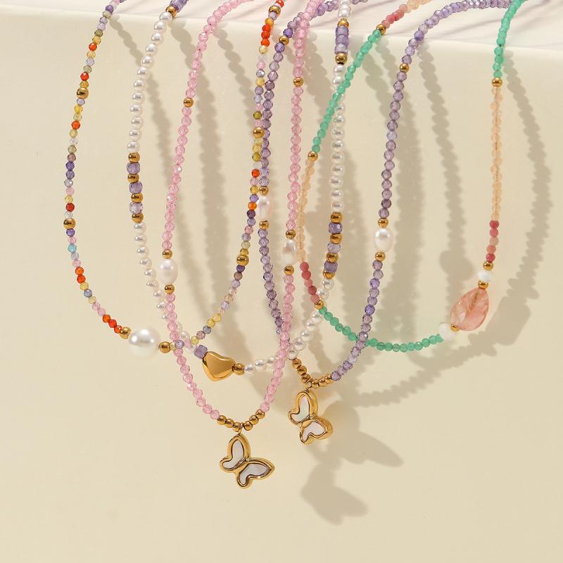 Coral Pink - ネックレス レディース 女性用 春夏 ファッション通勤 シンプル ステンレス製 錆びにくい 電気メッキ加工 淡水パール 天然石 カラフル 手作りビーズ 蝶々ペンダント 長さ41-50cm