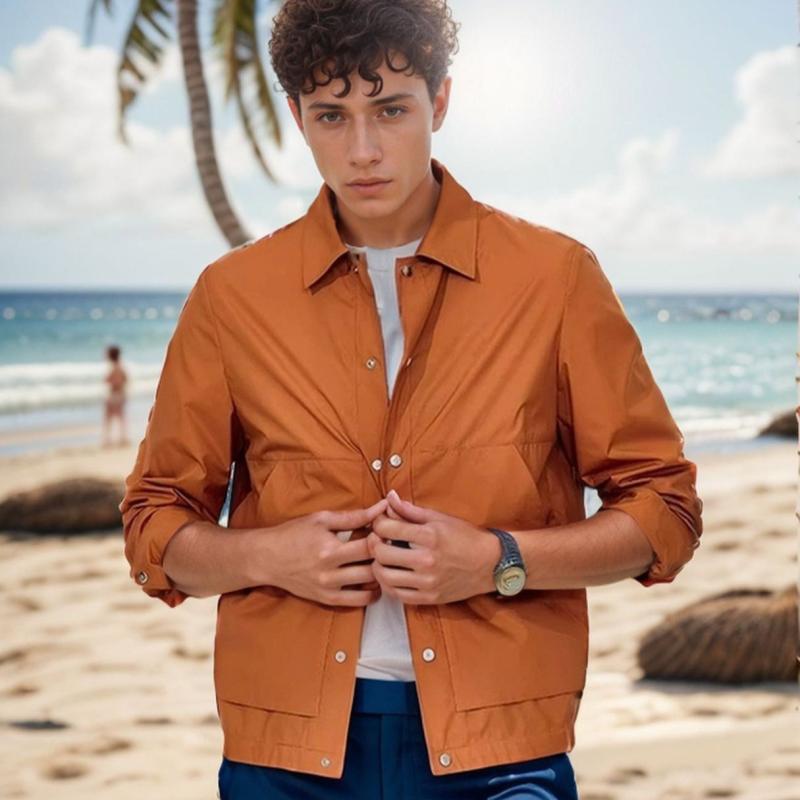 ジャケット メンズ シャツジャケット ライトアウター シンプル カジュアル 薄手 春秋 形態安定 シワになりにくい 無地 襟付き ポケット付き スリムフィット ミドル丈 ポリエステル 混紡 デイリーユース 上着