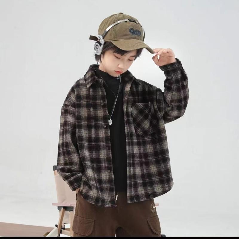 ジャケット 男の子 ジュニア 春秋 ソフトタッチ 長袖 チェック柄 レタープリント ミドル丈 フードなし シングルボタン シャツジャケット おしゃれ カジュアル...
