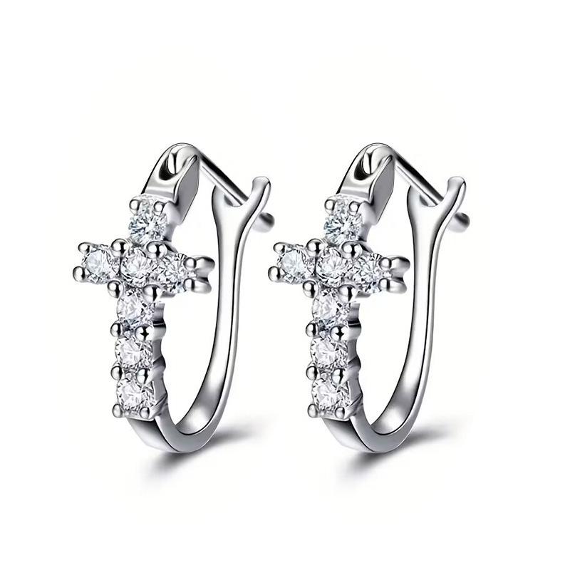 SWAROVSKI - ピアス メンズ レディース 兼用 定番 プリンセスカット ジルコニア 十字架 フープピアス 電気メッキ加工 銅製 幾何学模様 リング型 スクエア 上品 スウィート 欧米風 プラチナカラー ゴールド ローズゴールド
