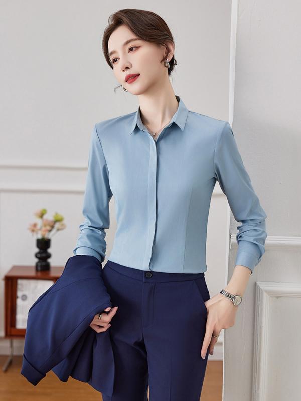 シャツ レディース 長袖 スタンドカラー スリムフィット スタイルアップ ビジネス オフィス 通勤 制服 事務服 面接 無地 春夏 ポリエステル ホワイト グレージュ きれいめ エレガント