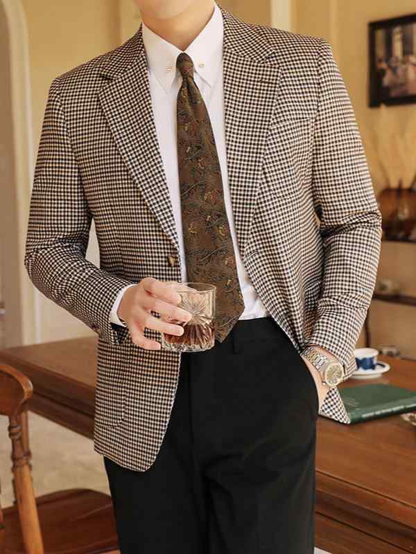 テーラードジャケット メンズ チェック柄 長袖 スリムフィット サイドベンツ 高級感 色落ちしにくい ポリエステル混紡 ビジネス カジュアル 通勤 オフィス 春夏