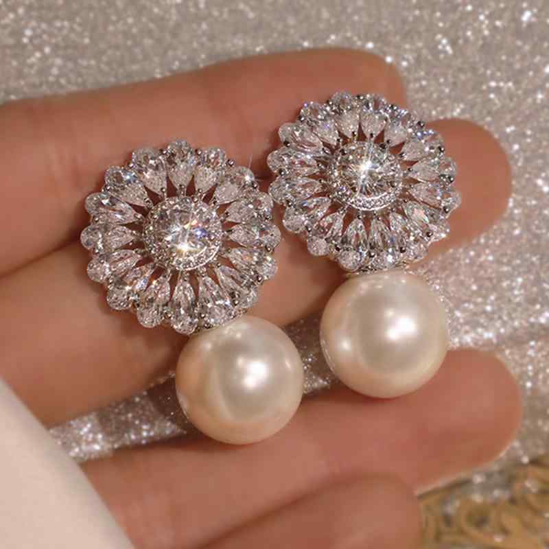 Turquoise - ピアス レディース 上品な ジルコニア フェイクパール フラワー デザイン かわいい 結婚式 ブライダル パーティー フォーマル 二次会 銅製 電気メッキ加工 白金カラー ゴールド ローズゴールド 春夏 イヤリング