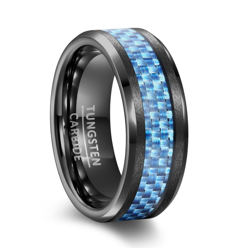 指輪 メンズ タングステン鋼 電気メッキ加工 ブルーカーボンファイバー埋め込み 存在感 欧米スタイル ファッションリング 電黒 ブルー グレー 男女兼用 カジュアル ビジネス(4)