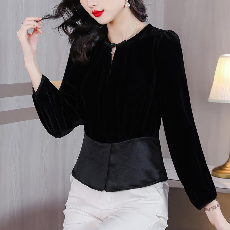 シャツ レディース 女性用 レトロ ベロア ベルベット 切り替え 長袖 チャイナ 盤ボタン ラウンドネック 丸首 ポリエステル 上品 エレガント オフィス カジュアル 通勤 普段使い デイリー ブラック