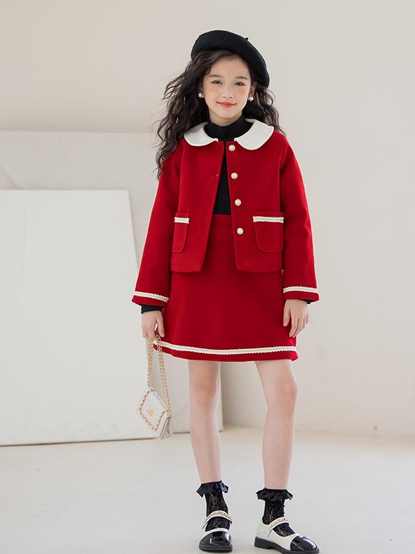 コート 女の子 キッズ ジュニア 赤 レッド 中綿入り 厚手 暖かい 防寒 メルトン ウール調 柔らか ソフト ショート丈 長袖 シングルボタン 襟付き ツーピ...