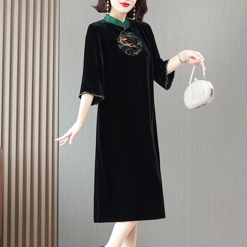 ワンピース レディース 新しいチャイナ風 レトロ エレガント 上品 金ベルベット ブラック スタンドカラー 刺繍 切り替え 七分袖 ミモレ丈 Aライン ママ服