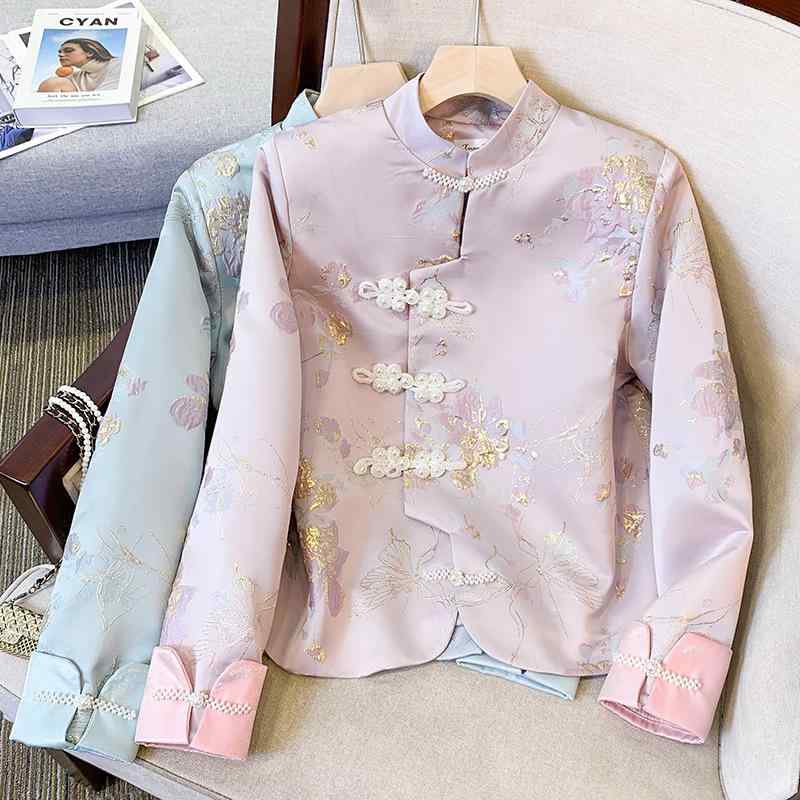 チャイナジャケット レディース 新中華風 スタンドカラー チャイナボタン 箔押しプリント エレガント 高級感 上品 ポリエステル 通勤 オフィス ミドル丈 長袖 春夏 ピンク