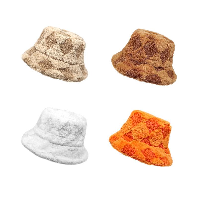 バケットハット ユニセックス 保温 防寒 ボア ひし形チェック柄 広つば 平天 日よけ UVカット 秋冬 帽子 おしゃれ トレンド 白 黒 ベージュ キャメル(x2)(4)