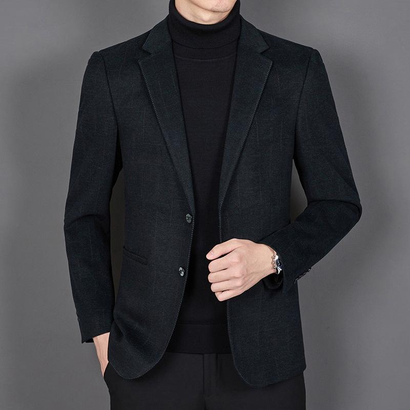 ジャケット メンズ ミドルエイジ向け 秋冬 ノンアイロン 防シワ ウォッシャブル 耐久性 ビジネス カジュアル 通勤用 スタイリッシュ 韓国風 スリムフィット チェック柄 ウール ダークグリーン