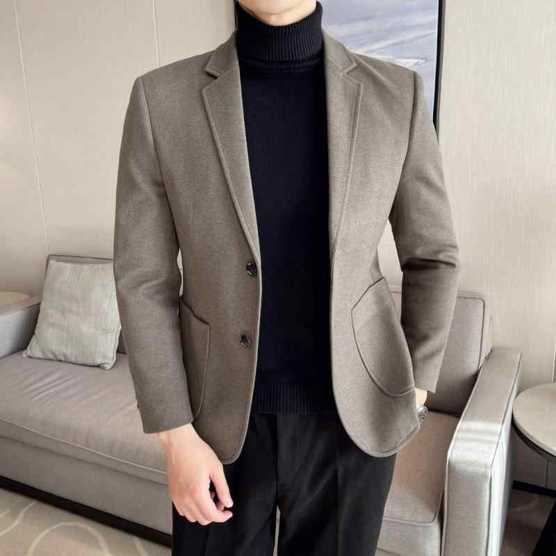 テーラードジャケット メンズ カジュアル ビジネス 秋冬 韓国風 スリムフィット シングルブレスト 二つボタン 無地 厚手 ポリエステル混紡 アウター