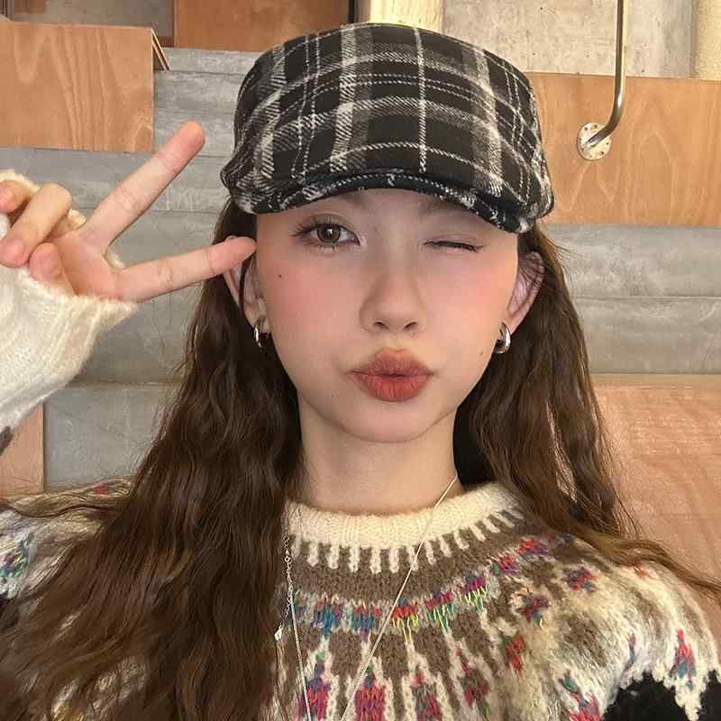 帽子 レディース 秋冬 保温 日よけ メルトン ウール チェック柄 ブリティッシュ レトロ 韓国風 キャスケット ニュースボーイキャップ ベレー帽 大きいサイズ 万能 おしゃれ
